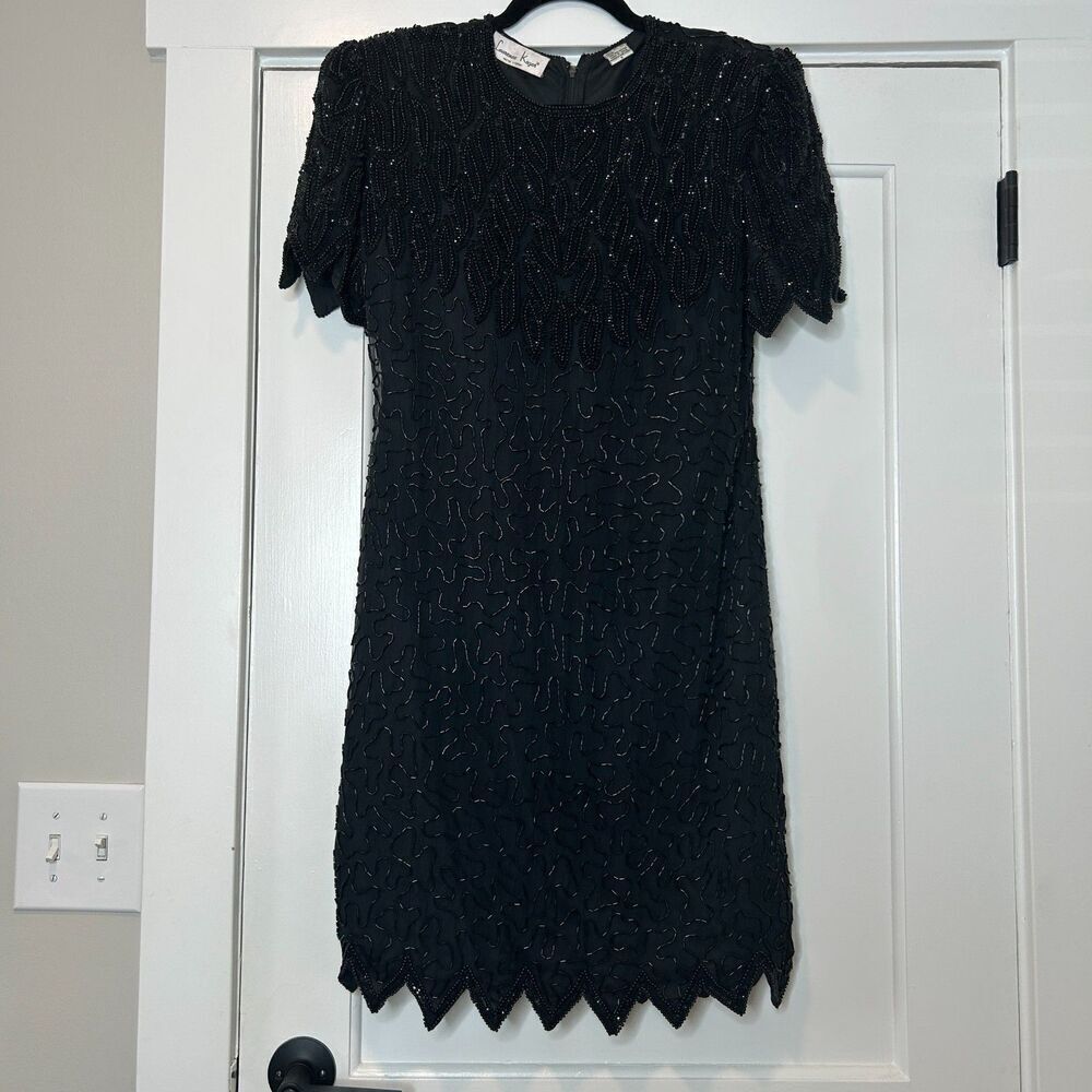 Vintage Laurence Kazar Black Beaded Shift Dress Size Small 100% Silk